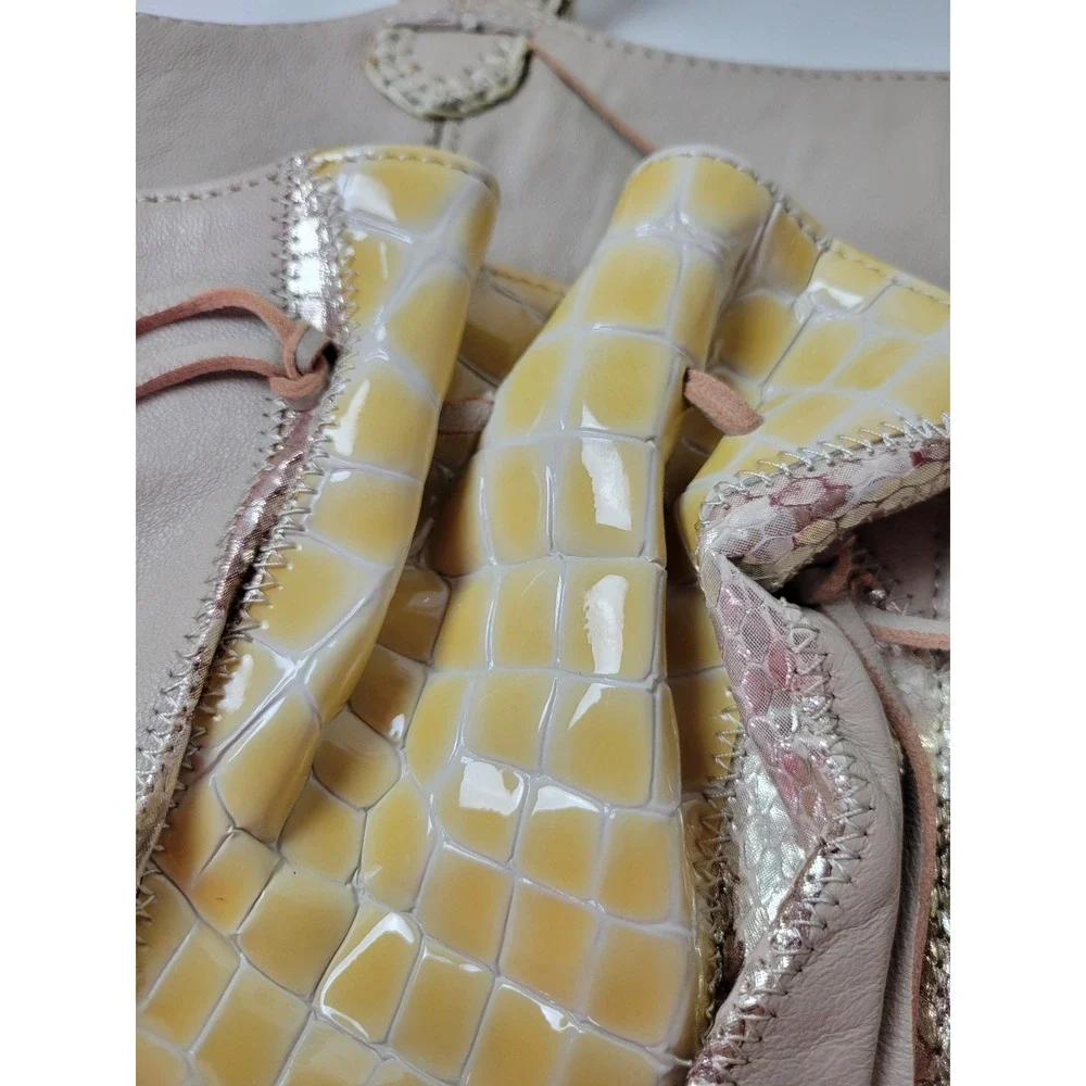 Chi‎ Snake Collage Satchel Bag Taupe Leather Patent Whipstitch Shoulder Bag